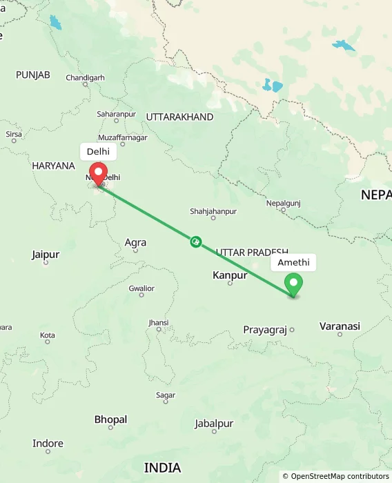 Route map showing distance and travel time from Amethi, India to Delhi, India