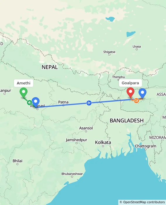 Route map showing distance and travel time from Amethi, India to Goalpara, India