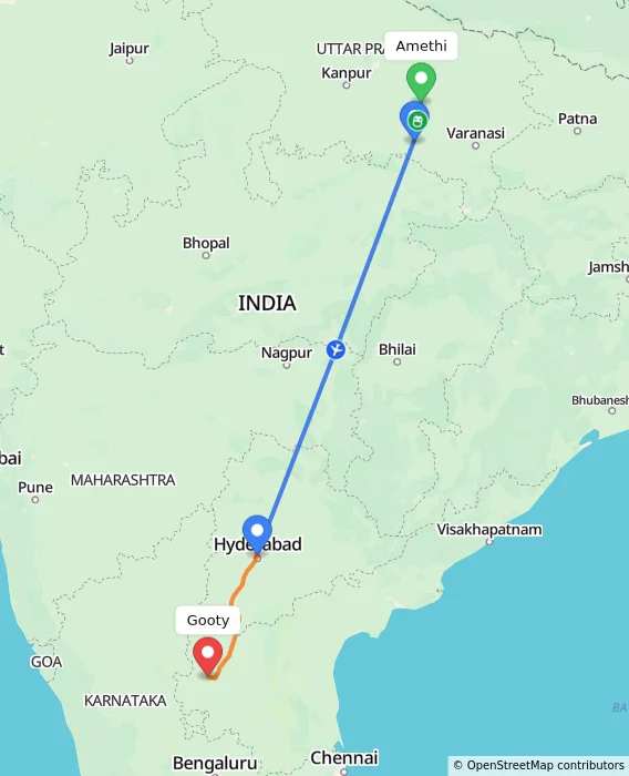 Route map showing distance and travel time from Amethi, India to Gooty, India