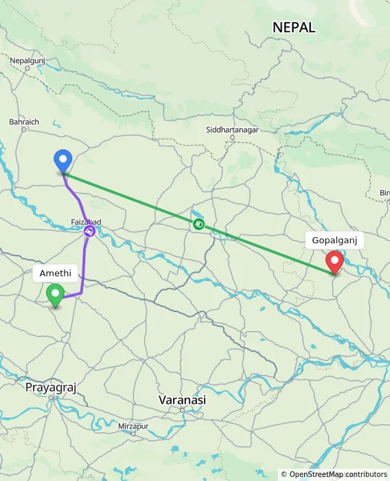 Route map showing distance and travel time from Amethi, India to Gopalganj, India