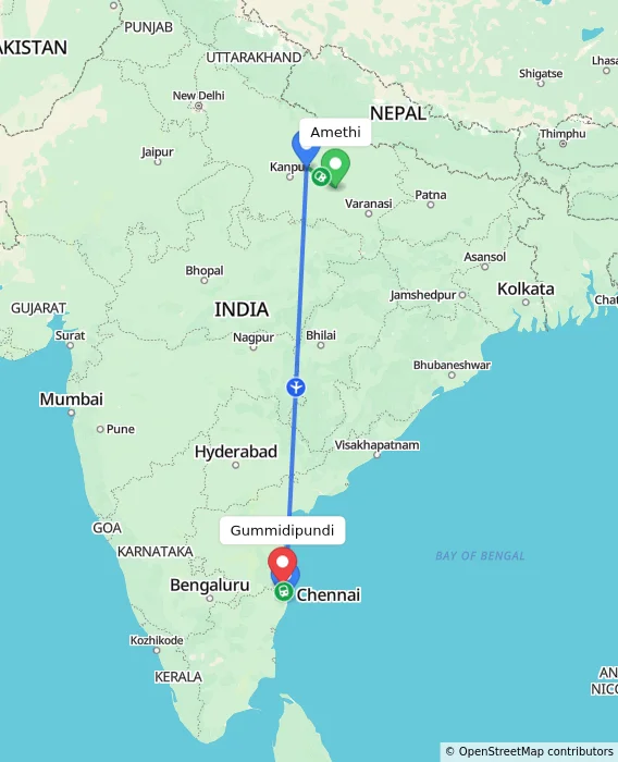 Route map showing distance and travel time from Amethi, India to Gummidipundi, India