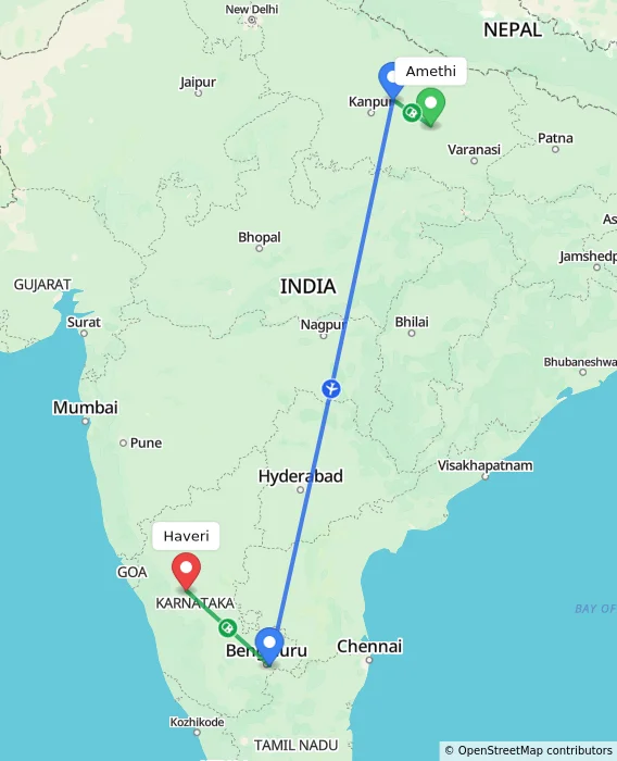 Route map showing distance and travel time from Amethi, India to Haveri, India