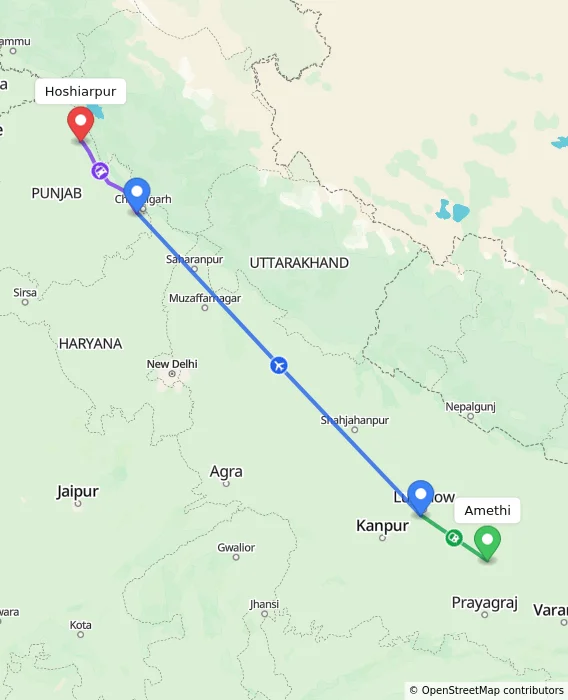 Route map showing distance and travel time from Amethi, India to Hoshiarpur, India