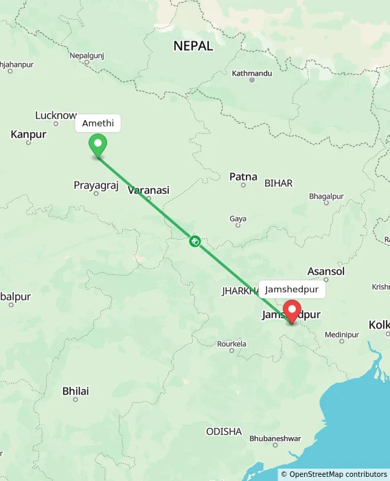 Route map showing distance and travel time from Amethi, India to Jamshedpur, India