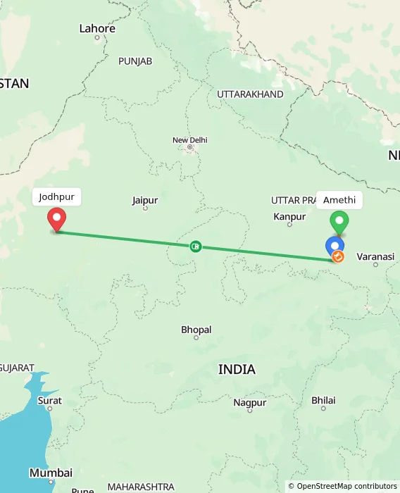 Route map showing distance and travel time from Amethi, India to Jodhpur, India