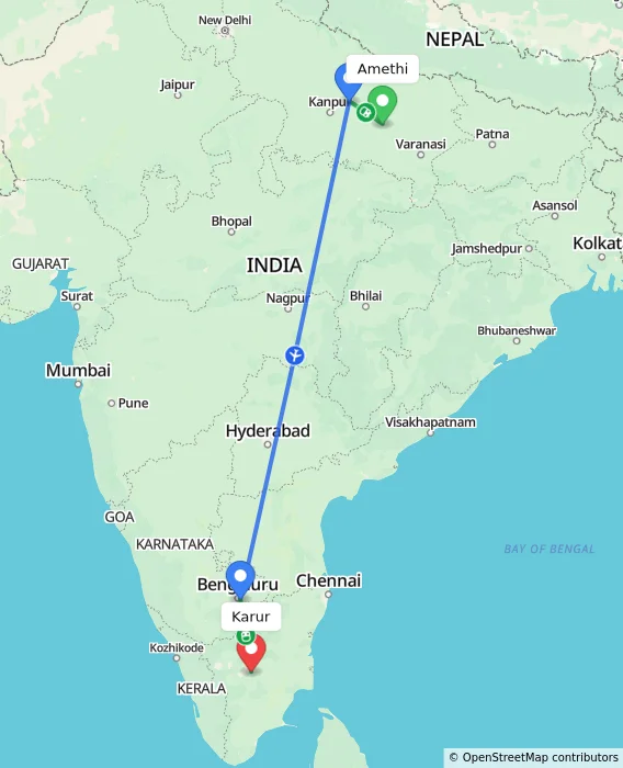 Route map showing distance and travel time from Amethi, India to Karur, India