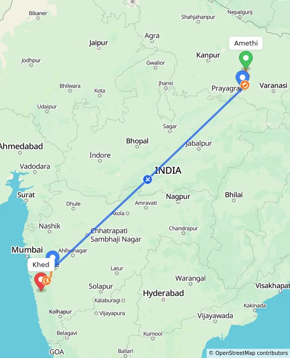 Route map showing distance and travel time from Amethi, India to Khed, India