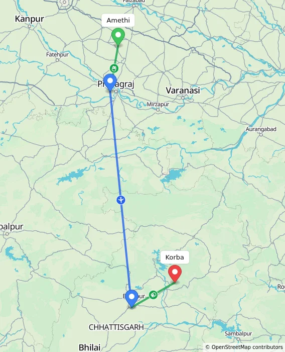 Route map showing distance and travel time from Amethi, India to Korba, India