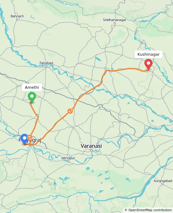Route map showing distance and travel time from Amethi, India to Kushinagar, India
