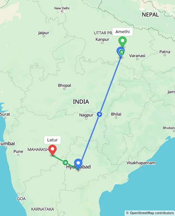 Route map showing distance and travel time from Amethi, India to Latur, India