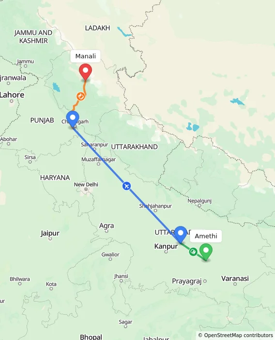 Route map showing distance and travel time from Amethi, India to Manali, India