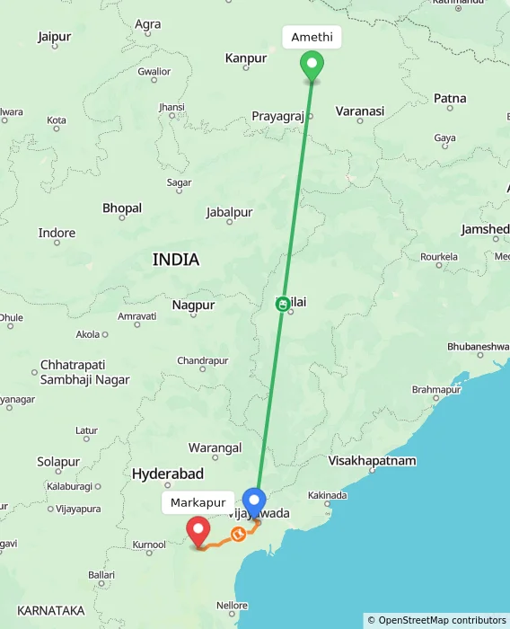 Route map showing distance and travel time from Amethi, India to Markapur, India