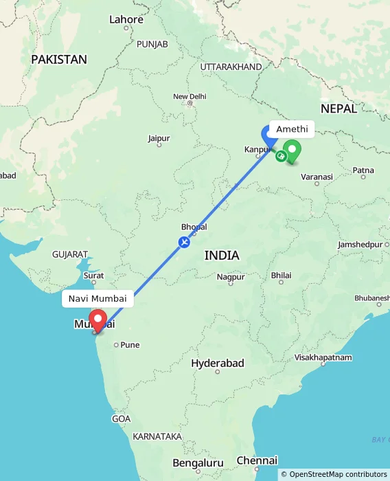Route map showing distance and travel time from Amethi, India to Navi Mumbai, India