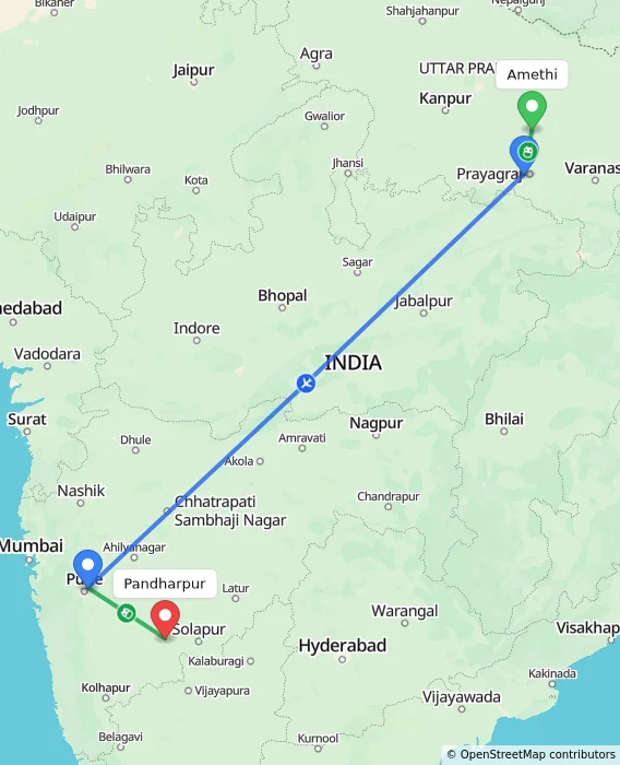 Route map showing distance and travel time from Amethi, India to Pandharpur, India