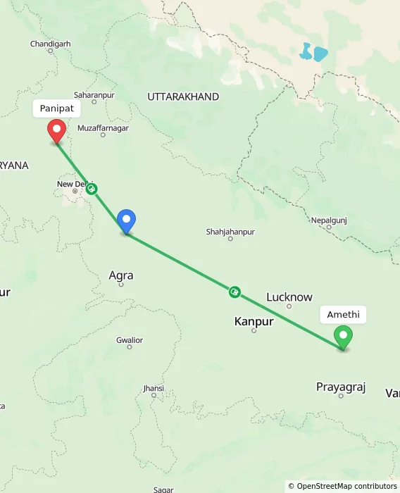 Route map showing distance and travel time from Amethi, India to Panipat, India