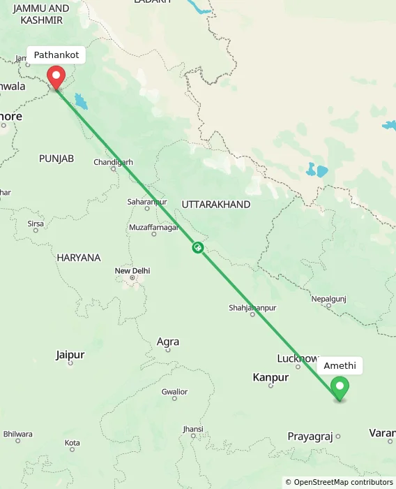 Route map showing distance and travel time from Amethi, India to Pathankot, India