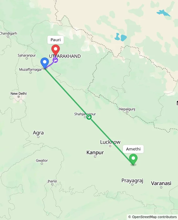 Route map showing distance and travel time from Amethi, India to Pauri, India