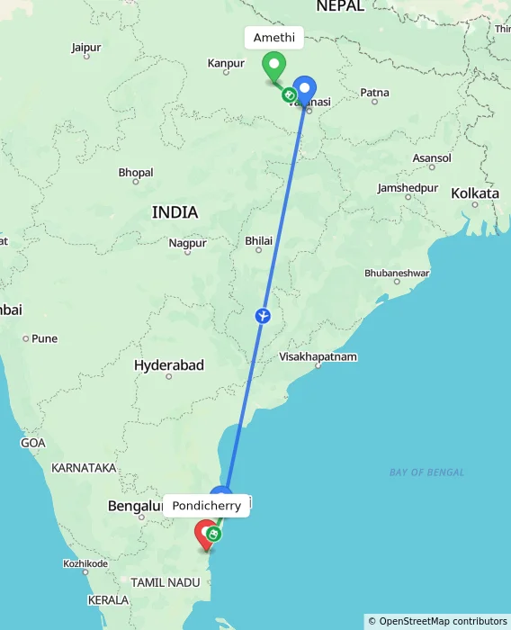 Route map showing distance and travel time from Amethi, India to Puducherry, India