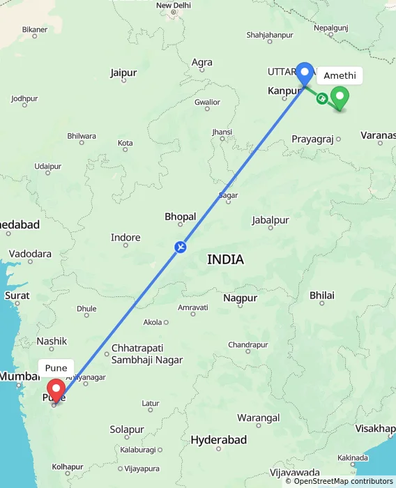 Route map showing distance and travel time from Amethi, India to Pune, India