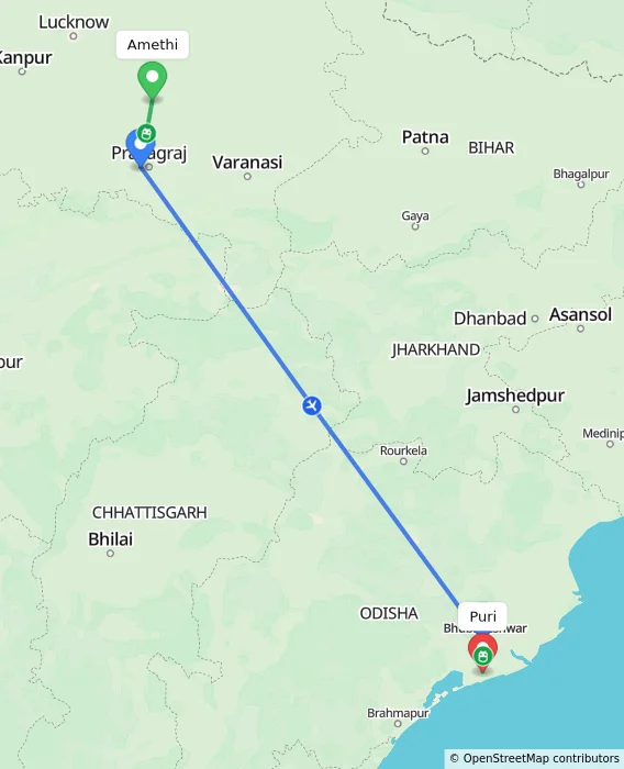 Route map showing distance and travel time from Amethi, India to Puri, India