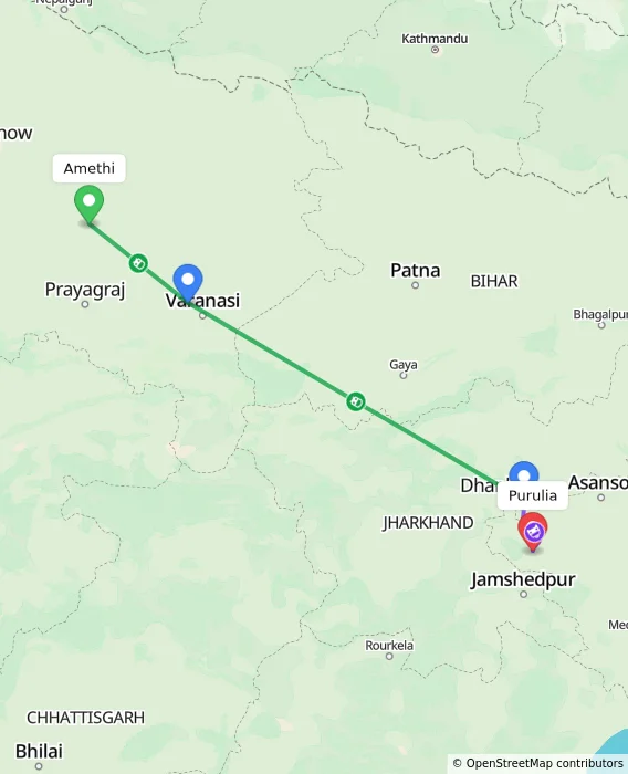 Route map showing distance and travel time from Amethi, India to Purulia, India