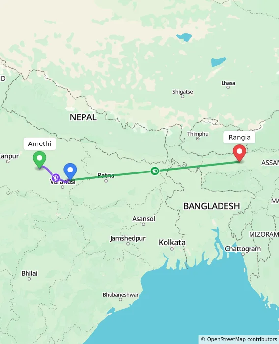 Route map showing distance and travel time from Amethi, India to Rangia, India