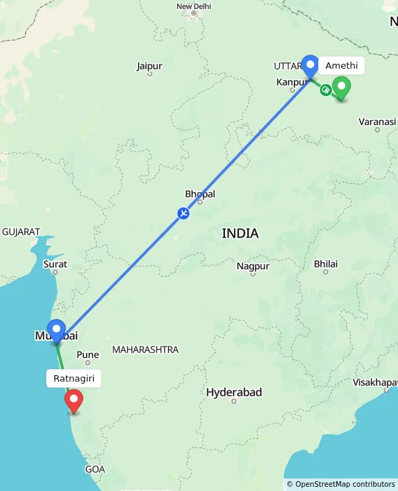 Route map showing distance and travel time from Amethi, India to Ratnagiri, India