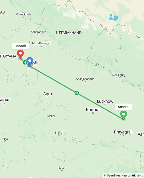 Route map showing distance and travel time from Amethi, India to Rohtak, India