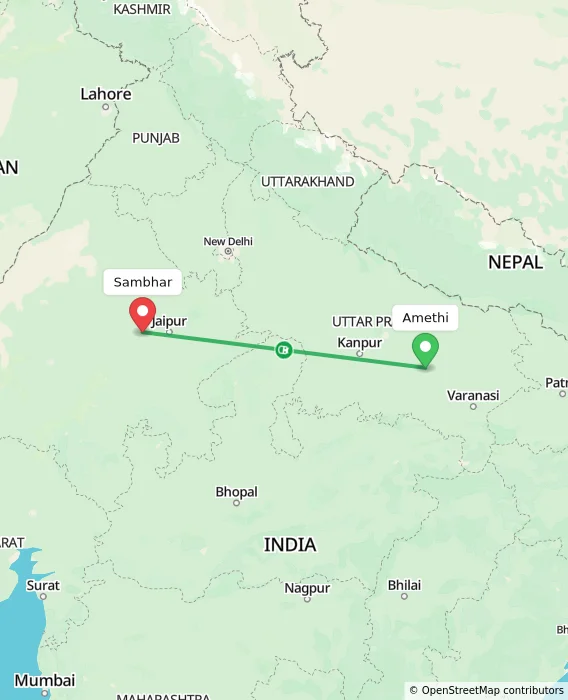 Route map showing distance and travel time from Amethi, India to Sambhar, India