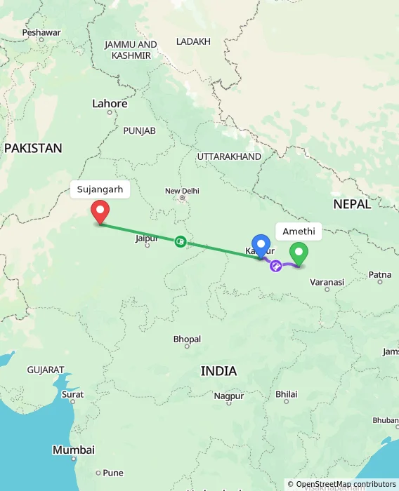 Route map showing distance and travel time from Amethi, India to Sujangarh, India