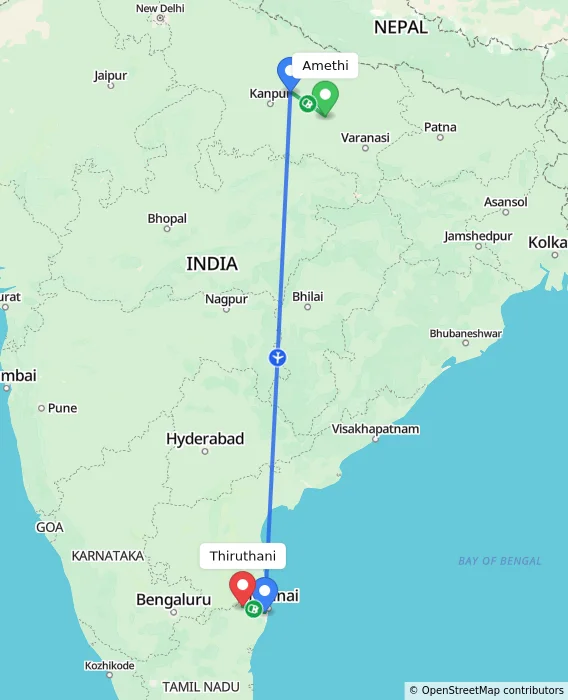 Route map showing distance and travel time from Amethi, India to Thiruthani, India