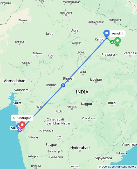 Route map showing distance and travel time from Amethi, India to Ulhasnagar, India