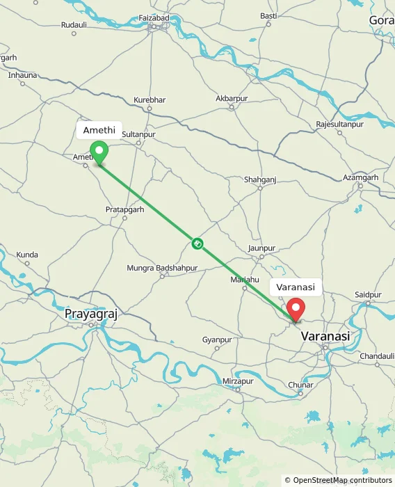Route map showing distance and travel time from Amethi, India to Varanasi, India