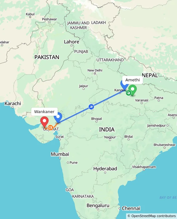 Route map showing distance and travel time from Amethi, India to Wankaner, India