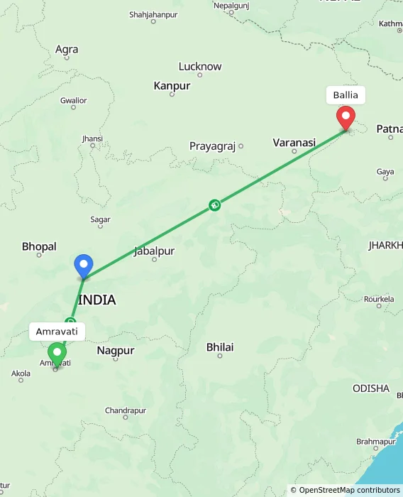 Route map showing distance and travel time from Amravati, India to Ballia, India