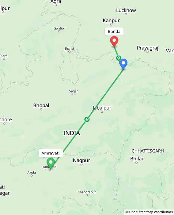 Route map showing distance and travel time from Amravati, India to Banda, India