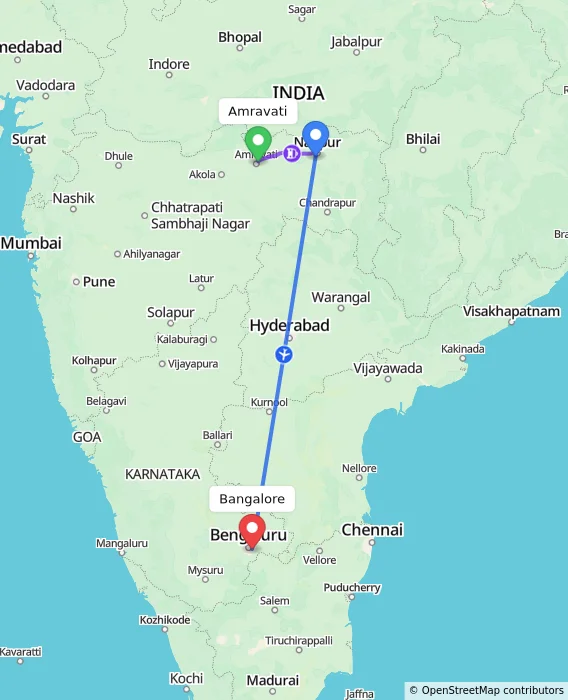 Route map showing distance and travel time from Amravati, India to Bangalore, India