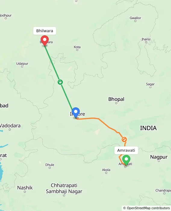 Route map showing distance and travel time from Amravati, India to Bhilwara, India
