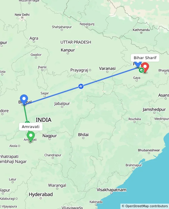 Route map showing distance and travel time from Amravati, India to Bihar Sharif, India