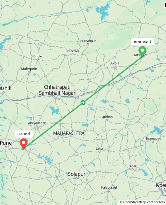 Route map showing distance and travel time from Amravati, India to Daund, India