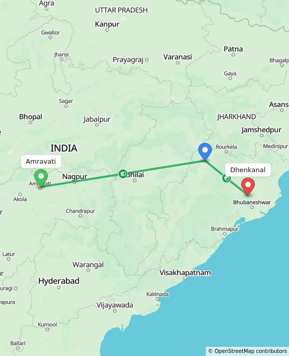 Route map showing distance and travel time from Amravati, India to Dhenkanal, India
