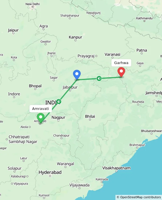 Route map showing distance and travel time from Amravati, India to Garhwa, India