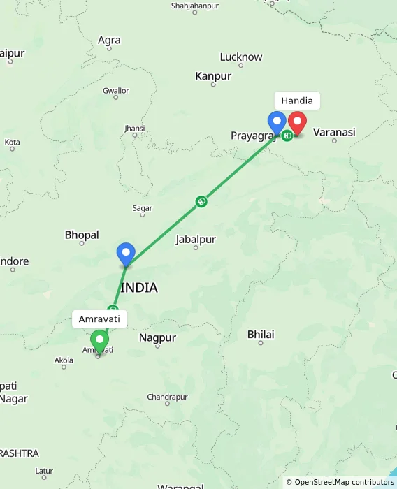 Route map showing distance and travel time from Amravati, India to Handia, India