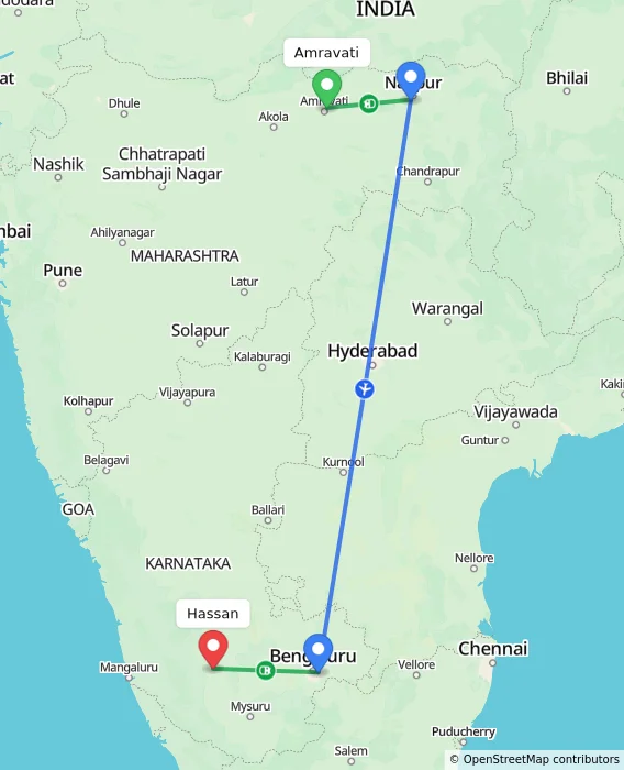 Route map showing distance and travel time from Amravati, India to Hassan, India