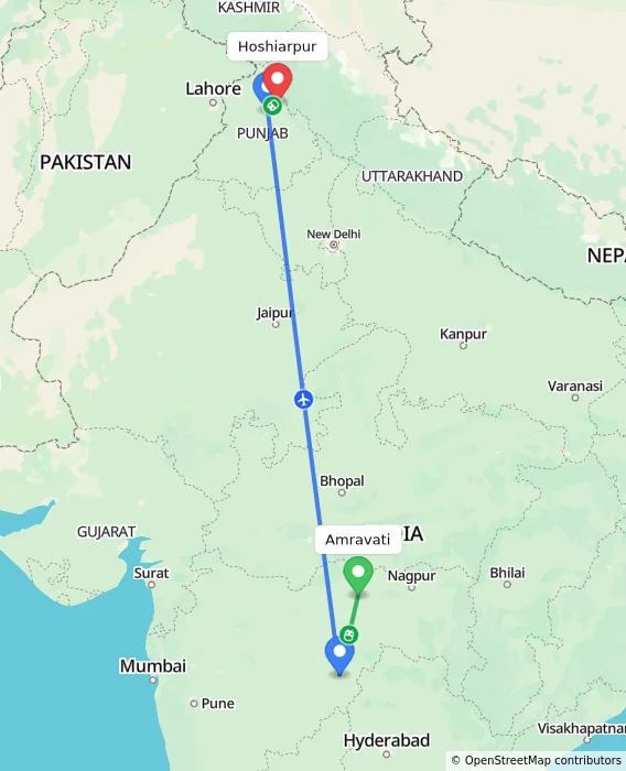 Route map showing distance and travel time from Amravati, India to Hoshiarpur, India