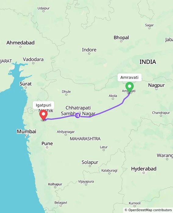 Route map showing distance and travel time from Amravati, India to Igatpuri, India