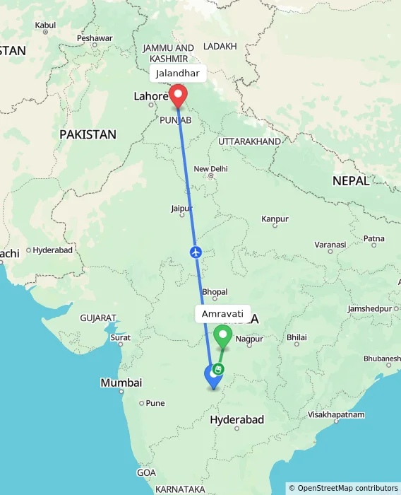 Route map showing distance and travel time from Amravati, India to Jalandhar, India