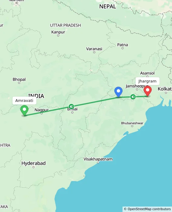 Route map showing distance and travel time from Amravati, India to Jhargram, India