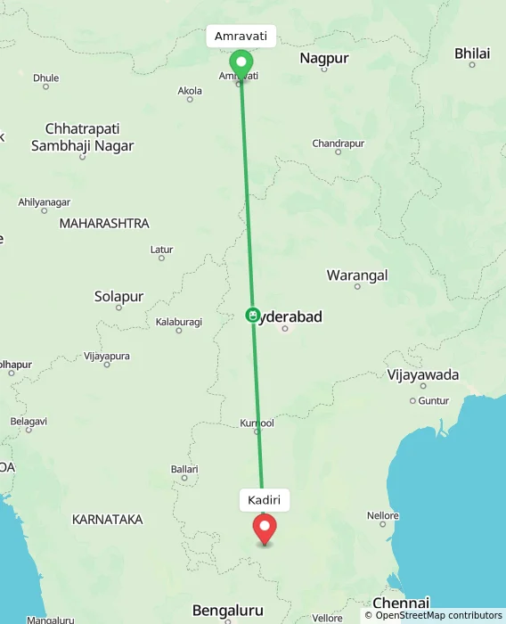 Route map showing distance and travel time from Amravati, India to Kadiri, India