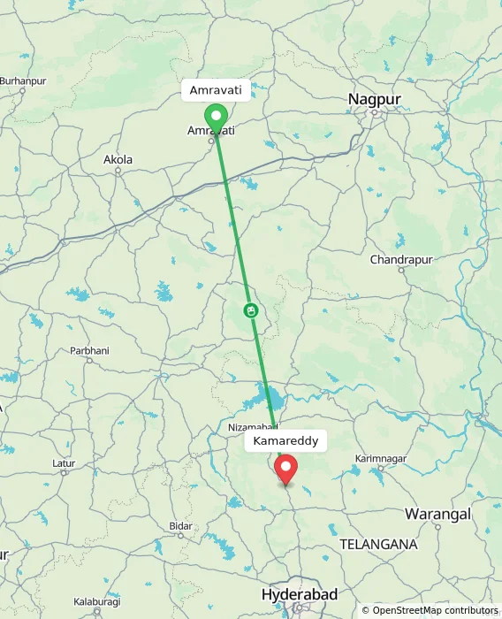 Route map showing distance and travel time from Amravati, India to Kamareddy, India
